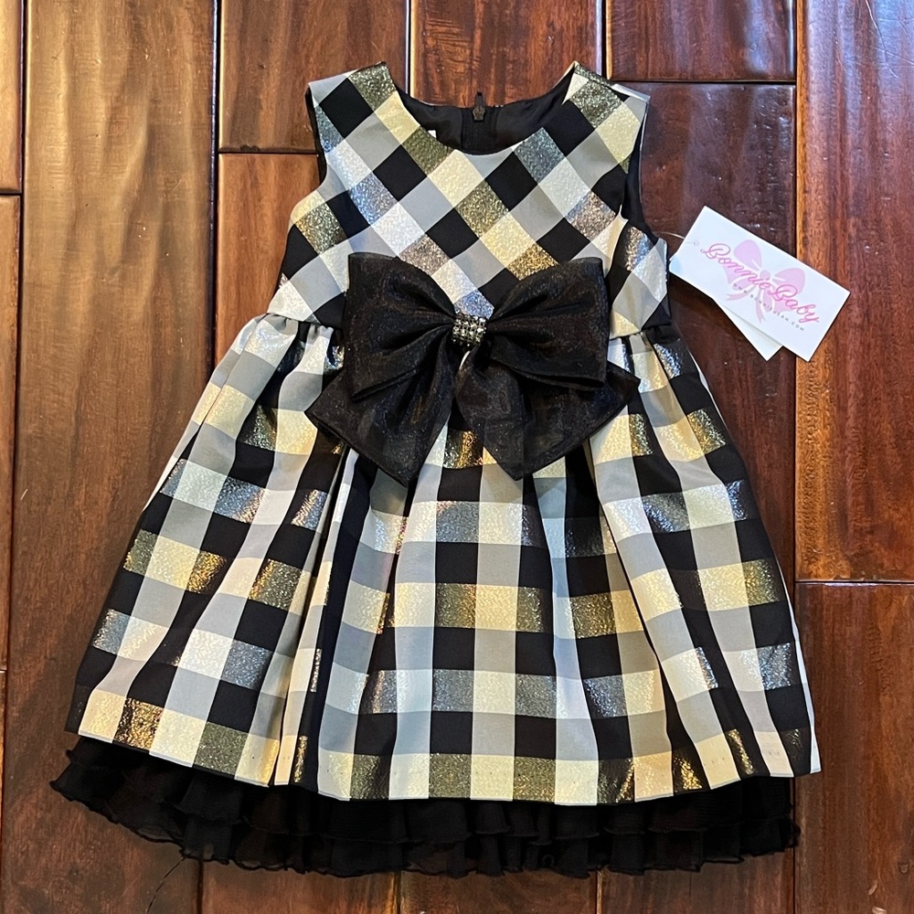 Bonnie Baby Gold and Black Plaid Dress with Bow